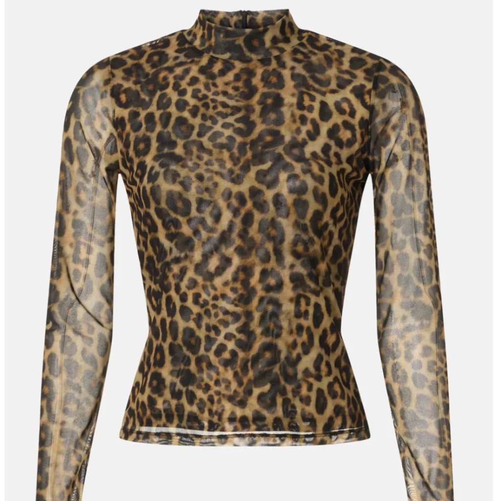 Ronny Kobo X Rtr Leopard Print Mesh Top Long Sleeve Cheetah Turtleneck Mock Neck